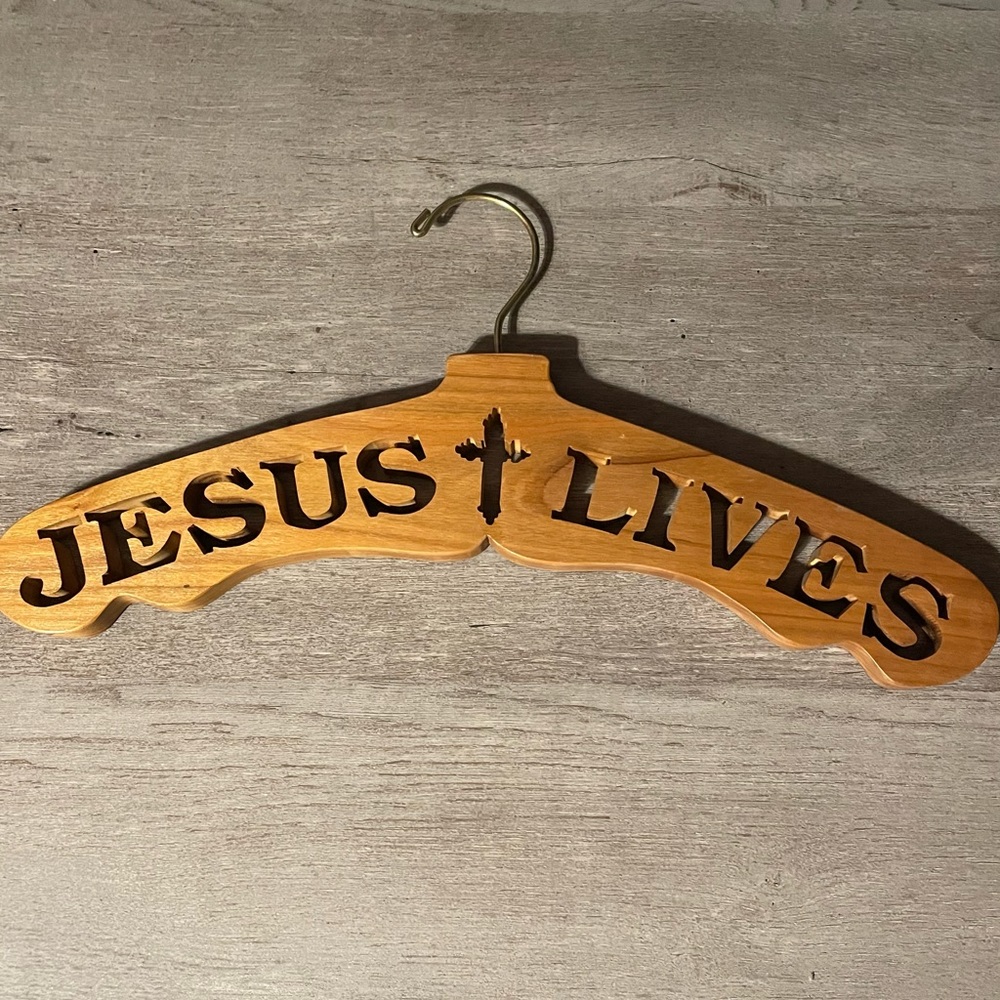 Religious wooden customed coat hangers “ JESUS LIVES”